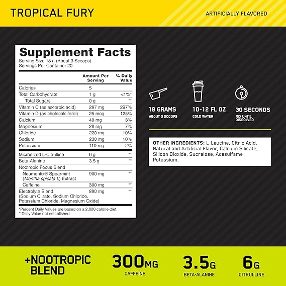 ON | Pre-Workout Amped 20 serv - Tropical Fury